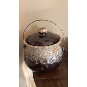 Hull Pottery Brown Drip Glaze Bean Pot Lid & Wire Bail Handle USA Crock Vintage